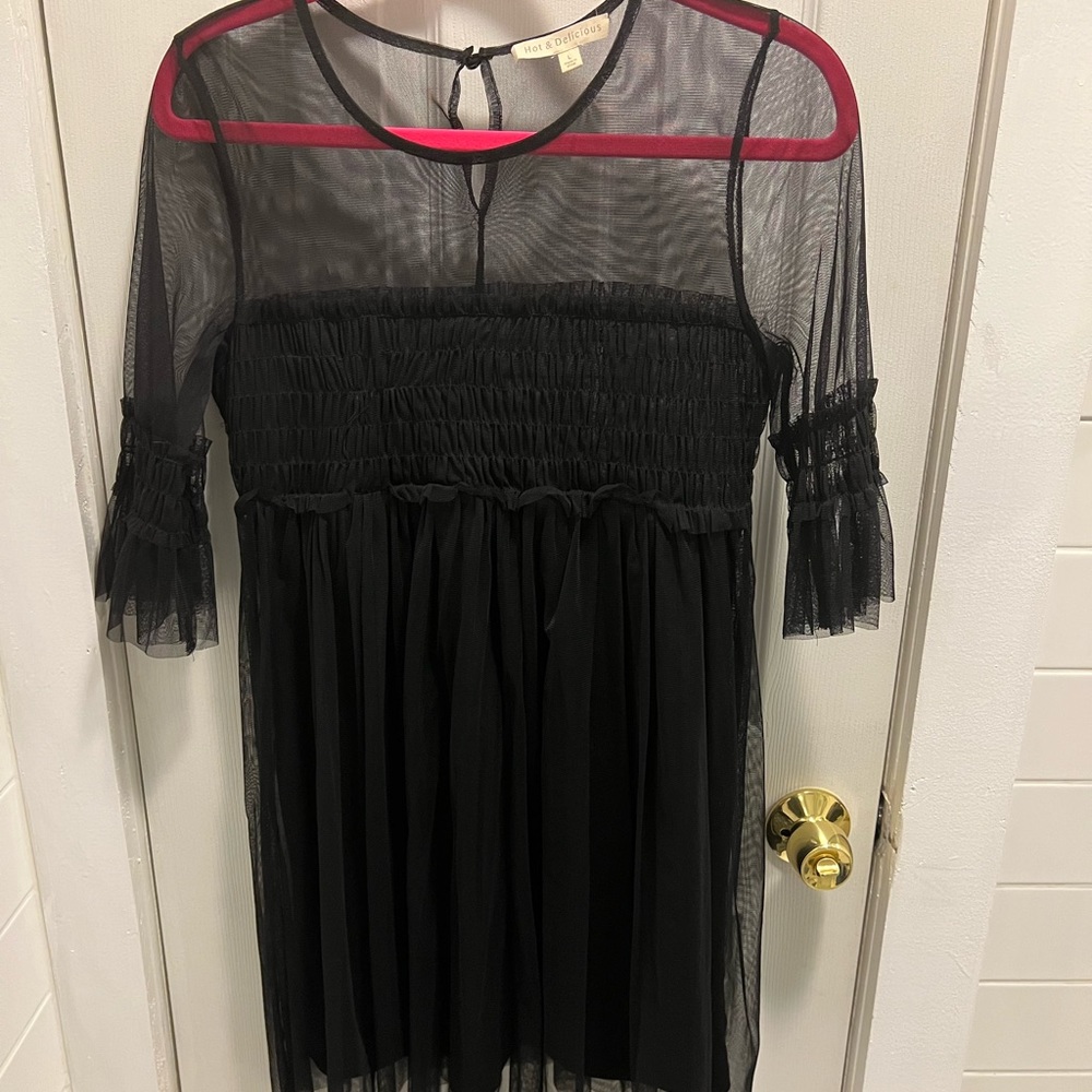 Worn once, beautiful black dress. Size L. I do not own any pets